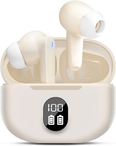 KALANKA-Ecouteurs Bluetooth sans Fil, Écouteurs Intra-Auriculaires sans Fil Bluetooth 5.3 HiFi Stéréo, Écran LED, Oreillettes sans FI l avec ENC Mic, Earbuds étanche IP6 pour iOS/Android/Window(Beige