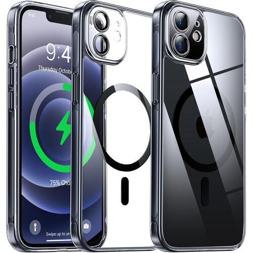 SJZG-Coque Magnétique Transparente Pour Iphone 12 (6.1'') Avec Objectif Film, [Compatible Avec Magsafe] [Protection Antijaune & Antirayure & Antichoc] Etui Housse Dur Avec Silicone Bord, Noir