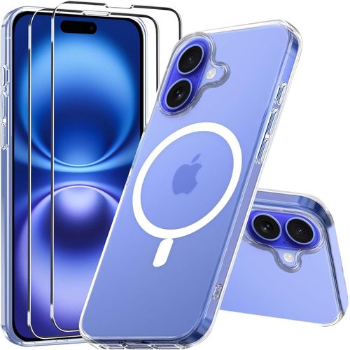 SJZG-Coque Magnétique Pour Iphone 16 Compatible Avec Magsafe,Coque Iphone16 6,1 Pouces + 2Pack Verre Trempé Film Protection D'Écran,Souple Tpu Housse Etui Shock-Absorption Case Cover (Transparente)