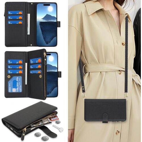 TIANYI-Coque Compatible avec iPhone 16 Plus Etui avec Cordon,Flip Portefeuille Étui Cuir,[9 Porte Cartes][Double Boucle],Protection Housse Etui Compatible avec iPhone 16 Plus - Noir