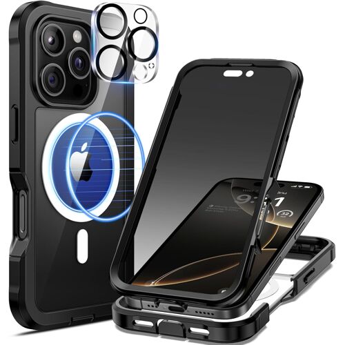 KALANKA-Coque Magnétique pour iPhone 16 Pro Max Anti Espion, Compatible avec MagSafe Intégré Verre Trempé et Caméra Protecteur, Antichoc Antirayures Bumper Protection Intégrale Étui Housse - Noir