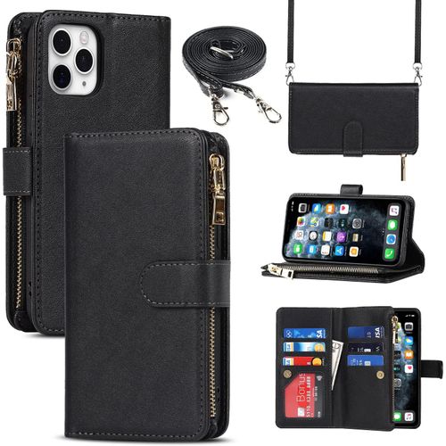 Coque Compatible Avec Iphone 11 Pro Max Etui Avec Cordon,Flip Portefeuille Étui Cuir,[9 Porte Cartes][Double Boucle],Housse Etui Compatible Avec Iphone 11 Pro Max - Noir[Car784485]