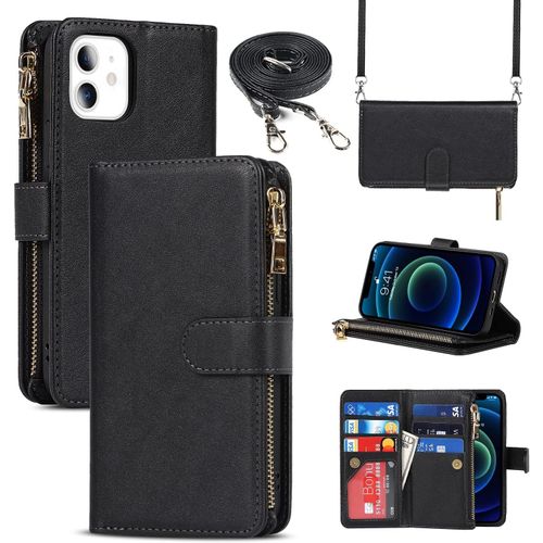 Wqs-Coque Compatible Avec Iphone 12 Mini Etui Avec Cordon,Flip Portefeuille Étui Cuir,[9 Porte Cartes][Double Boucle],Protection Housse Etui Compatible Avec Iphone 12 Mini - Noir