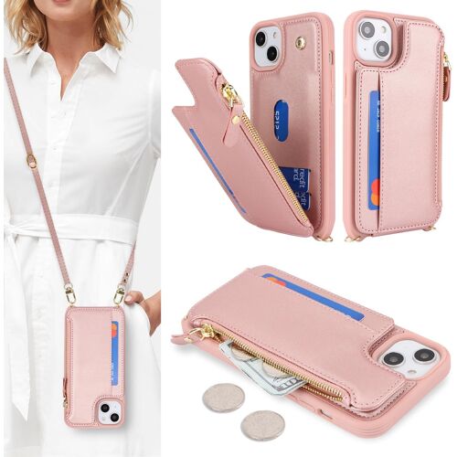 KAL-Coque Pour Iphone 15 Plus Étui Avec Porte-Cartes De Crédit, Etui Pour Iphone 15 Plus Housse Avec Courroie De Cou Portefeuille Avec Fentes Pour Cartes De Crédit-Or Rose