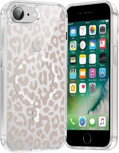 TZF-Coque Magnétique pour iPhone 8/7/SE 2020/SE 2022 4,7"", Compatible avec MagSafe, Transparente Fille Etui avec Aesthetic Motif Léopard Dessin, Souple Silicone TPU Case Antichoc Housse Cover, 02