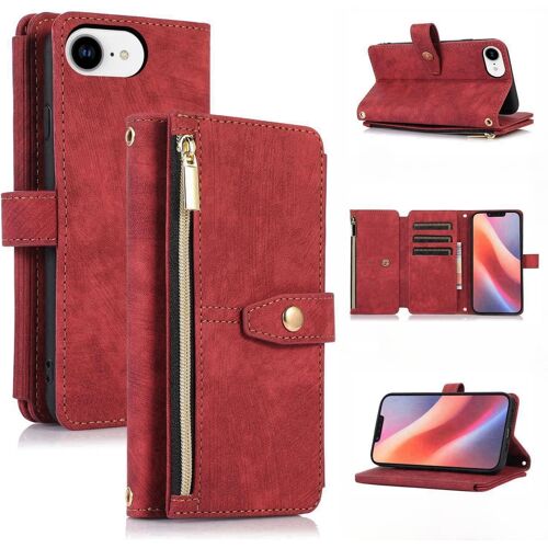 KAL-Coque Pour Iphone 16E, Etui En Cuir Pu Portefeuille Rétro Antichoc Housse Avec Emplacement Pour Carte, Béquille, Fermeture Magnétique Flip Case Pour Iphone 16E 6.1 Inch, Vintage Rouge