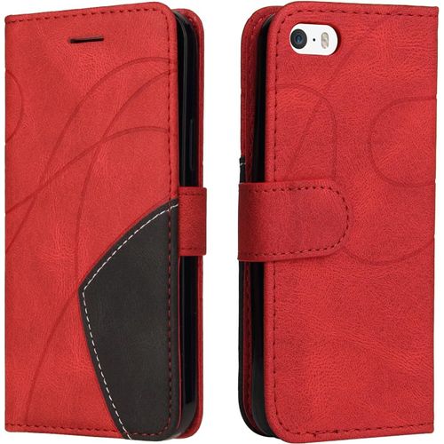 KAL-Coque Pour Iphone 5/5S/Se 2016 (4,0 Pouces),Etui En Cuir Pu Portefeuille Housse Fermeture Magnétique Und Flip Case Avec Antichoc Tpu, Etui À Rabat, Fentes Pour Cartes (Rouge)