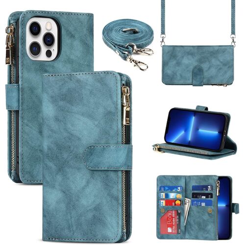 KAL-Coque Iphone 13 Pro Avec Cordon, Étui Portefeuille En Cuir, 9 Porte Cartes, Double Fermeture Magnétique, Protection Housse - Bleu Clair