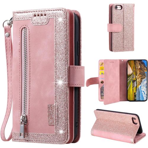 Kal-Coque Pour Iphone 16e, Etui En Cuir Pu Portefeuille Rétro Antichoc Housse Avec Emplacement Pour Carte, Béquille, Fermeture Magnétique Flip Case Pour Iphone 16e 6.1 Inch, Or Rose