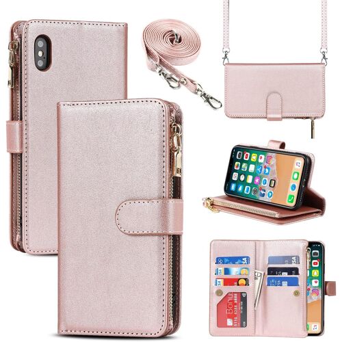TIANYI-Coque Compatible avec iPhone XS Max Etui avec Cordon,Flip Portefeuille Étui Cuir,[9 Porte Cartes][Double Boucle],Protection Housse Etui Compatible avec iPhone XS Max - Or Rose