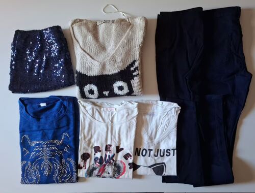 Lot Vêtements Femme / Fille - 36 / 1 / S - 1 Pantalon, 1 Legging, 1 Jupe, 1 Tee-Shirt Manches Longues, 1 Pull, 1 Sweat