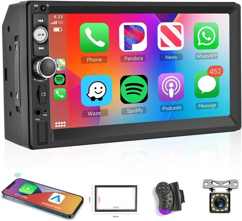 sans Fil Carplay Android Autoradio 2 Din, 7 Pouces HD Écran Poste Radio Voiture Bluetooth/Mirror Link/USB/AUX/FM Radio+Caméra De Recul