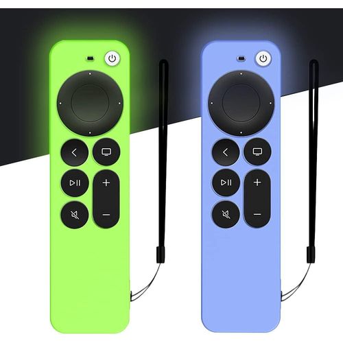 2 Pcs Etui En Silicone Pour Télécommande Apple Tv 4K 2021, Housse De Protection Intégrale Antichoc Durable Et Soyeux Pour Télécommande Siri 6E Gen Avec Corde Anti-Perte (Bleu Lueur+Vert Lueur)