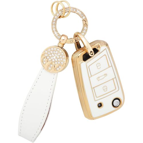 Coque De Clé De Voiture Pour Vw Golf 7 Mk7 Tiguan T Roc Cross Polo Touran Taigo Accessoires 3 Boutons Coque De Clé De Voiture Protection Paillettes Porte-Clés Tpu Girly Femmes Blanc Or