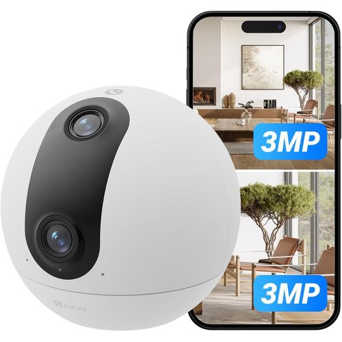 C60P Caméra De Surveillance Intérieure Wifi À Double Objectif 2K, Caméra Intérieure 360° Avec Détection Humaine Et Suivi Automatique, Audio Bidirectionnel Avec Bouton Tactile, Alexa Et Google