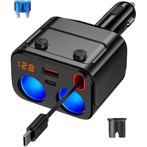 5 En 1 Retractable Chargeur Voiture, 180w Charge Ultra Rapide 2 Prise Avec Câble Télescopique (2.6ft) Pd 36w&qc3.0 Voltmètre Led Avec Interrupteur Indépendant