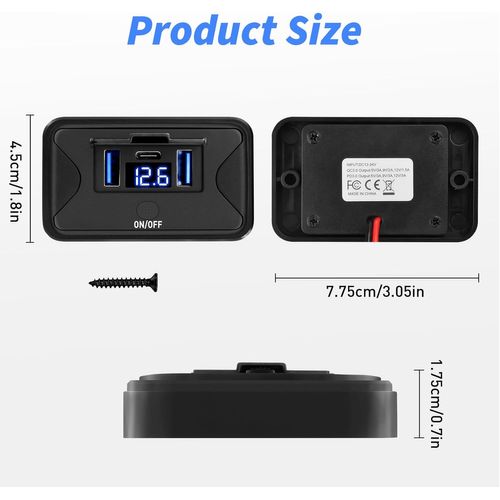 TIANYI-2 pièces 72W USB Chargeur de voiture 12V avec voltmètre Double QC3.0 USB & PD3.0 Type C Chargeur rapide de téléphone portable Etanche avec interrupteur pour 12 V / 24 V caravane, voiture, moto