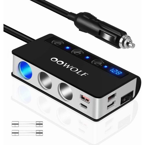 SJZG-Chargeur Telephone Voiture,Chargeur Allume Cigare Usb C,3 Prises 4 Ports Qc 3.0 Rapide Pd,180W 12V/24V 4A Adaptateur,Tension Led Pour Macbook/Gps Et Plus-Gris Noir