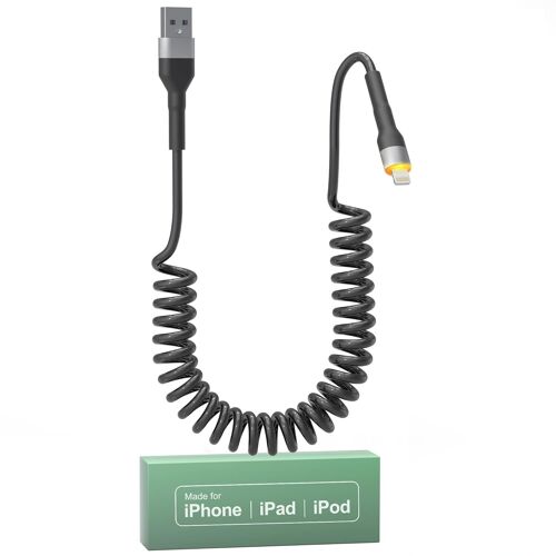 Câble Iphone Spiralé, Cable Apple Carplay Certifié Mfi, Cable Spirale Retractable Iphone Court Avec Synchronisation Des Données Et Led, Cable Iphone Carplay Court Pour Iphone/Pad/Pod, Noir[X2631]