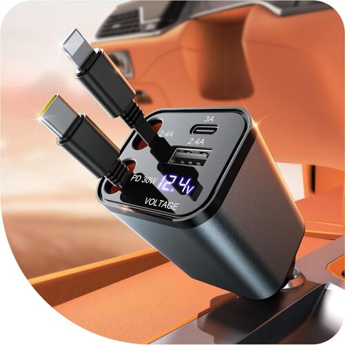Chargeur de voiture rétractable 69 W, chargeur de voiture USB 4 en 1 pour voiture avec allume-cigare et charge rapide, cadeaux de voyage pour homme et femme compatible avec iPhone/Galaxy/iPad