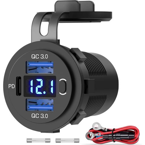 KALANKA-12 V /24 V Prise USB de Chargeur de Voiture, Double QC3.0 18 W et 30 W PD Adaptateur Prise avec Interrupteur et Voltmètre Chargement Rapide pour iPhone,Android,iPad, Adapté Camper, Moto