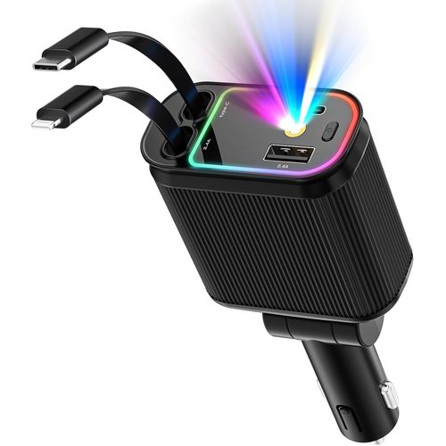 Chargeur Voiture Retractable Allume Cigare Usb C, Chargeur Telephone Voiture 4 En 1 À Charge Rapide 66 W, Adaptateur Usb Voiture Lumière Étoilée Pour Iphone, Samsung Galaxy, Noir Profond