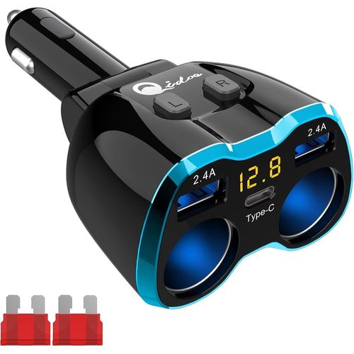 Allume Cigare USB Adaptateur 2-Prise, Prise De Voiture 3 Ports Chargeur De Voiture Type C Multi Prise De Courant 12V/24V 80W Adaptateur avec Affichage LED De Voltage Switch pour TéLéPhone (Bleu)