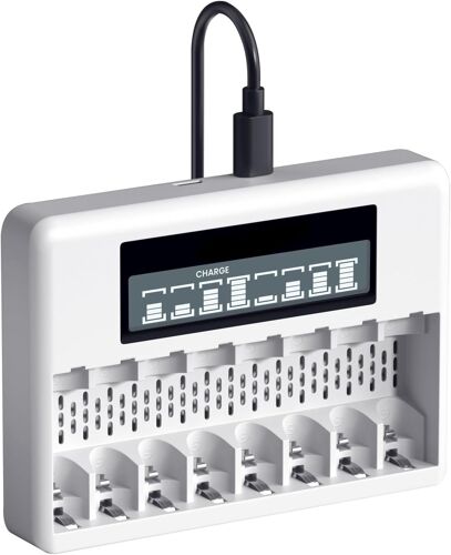 Chargeur de Batterie AA AAA 8 Baies avec écran LCD, Charge Rapide USB et Emplacement indépendant pour 1,5V Piles Rechargeables Lithium-ION AA AAA