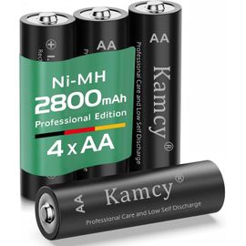 Piles Rechargeables AA 1,2 V - Piles AA Rechargeables, Haute capacité, 2800 mAh, Batteries Ni-MH, prêtes à l'emploi, Rechargeables jusqu'à 1500 Fois, Pro, Noires, Lot de 4
