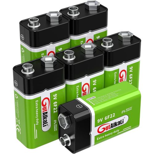 Piles 9V Bloc de Piles,6 Pièces,Alimentation Longue Durée pour Détecteurs de Fumée,Alarmes Incendie,Microphone 6LR61 6F22 PP3 MN1604