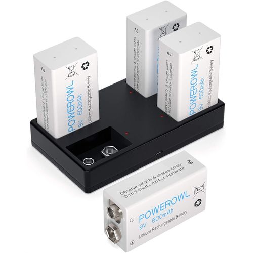 Lot de 4 Piles 9V Rechargeables Lithium-ION 600mAh avec 9v Chargeur Rapide pour Détecteur de Fumée etc