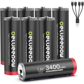KGABERY-Piles Rechargeables Aa 1,5V Lithium 3400Mwh De Haute Capacité,Pile Aa Lithium Rechargeable 1500 Cycle Usb C 8 Piles