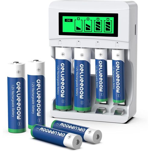 Chargeur Piles Rechargeable AA et AAA 4 Slots Indépendants,avec 1,2V NiMH Piles Rechargeables AA 4PCS 3300mAh et 4PCS AAA 1100mAh Haute Capacité 1200 Cycles