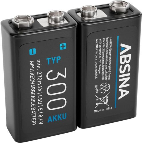 2X Pile 9V Rechargeable 300 à Faible Auto-Décharge - Piles 9V NiMH avec 8,4V & au Minimum 270mAh - Batterie 9V Rechargeable, Pile 6LR61 9V, 6LR20 9V Pile, Pile rectangulaire 9V, Pile 9V 6F22