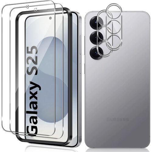 CAUC-Verre Trempé pour Samsung Galaxy S25, 2+2 Pièces Protection D'écran Film et Caméra Arrière Protecteur Avec Outils d'installation, 9H Dureté Haute Définition Sans Bulles