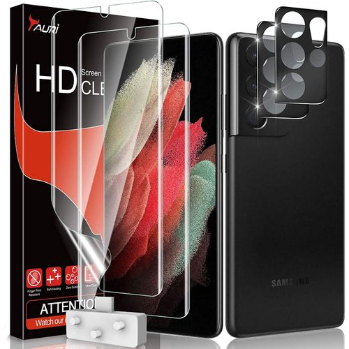 CAUC-4 Pièces Protection écran Compatible avec Samsung Galaxy S21 Ultra et S21 Ultra 5G 6.8"", 2 Pièces TPU Protection écran et 2 Pièces Noir Caméra Arrière Verre Trempé Double Protection