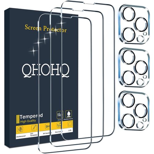 CAUC-3 Pièces Verre Trempé pour iPhone 13 Pro Max 6.7"" avec 3 Pièces Caméra Arrière Protecteur, Ultra Résistant Film Protection écran, 9H Dureté, HD, Anti-Rayures, sans Bulles, Installation Facile