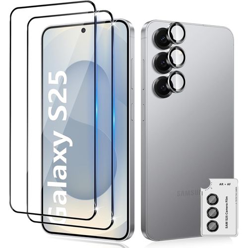 CAUC-pour Samsung Galaxy S25 5G Verre Trempé + Caméra Arrière Protecteur, [2 + 1 Pièces], Couverture Complète Protection écran, Sans Bulles HD Vitre Trempé, Anti-Rayures Protecteurs d'écran