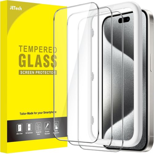 Protection D'écran pour iPhone 15 Pro 6,1 Pouces, Film en Verre Trempé avec Outil d'Installation Facile, Compatible Coque, Transparent HD, Lot de 3