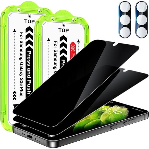 CAUC-Anti-Espion pour Samsung Galaxy S25 PLUS Protection D'écran, 2+2 Pièces PET Film Ecran Privacy Screen Protector S25 PLUS, et 2x Verre Trempé Camera Objectif Protecteur, 6,7 Pouces
