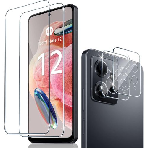 Lot 2 Verres Trempés + 2 Protections Lentille Pour Xiaomi Redmi Note 12 4g - 0,33 Mm, Dureté 9h, Bords 2.5d, Anti-Rayures Et Oléophobe, Pose Sans Bulles