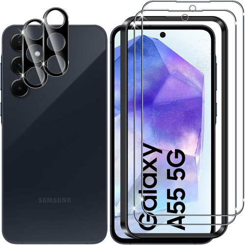 For Samsung Galaxy A55 5g Tempered Glass, 2+2 Pieces Screen Protector + Rear Camera Protector Film (Black) 9h Hardness Hd Bubble-Free Scratch-Resistant Tempered Glass Screen Protectors