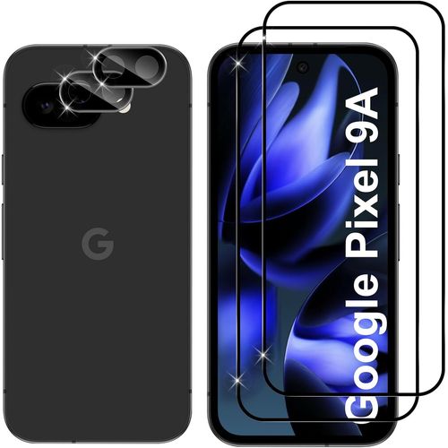 CAUC-pour Google Pixel 9a Verre Trempé + Caméra Arrière Protecteur (Noir), [2 + 2 Pièces] Anti-Rayures Protection écran, sans Bulles Vitre Trempé, Couverture Complète Protecteurs d'écran