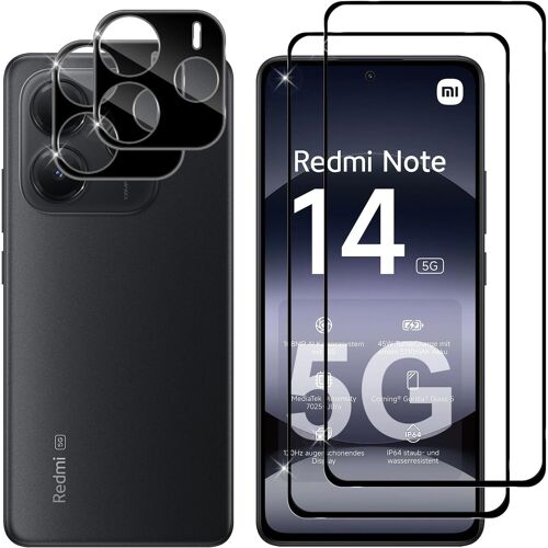 CAUC-pour Xiaomi Redmi Note 14 5G Verre Trempé + Caméra Arrière Protecteur (Noir), [2 + 2 Pièces] Anti-Rayures Protection écran, Sans Bulles Vitre Trempé, Couverture Complète Protecteurs d'écran