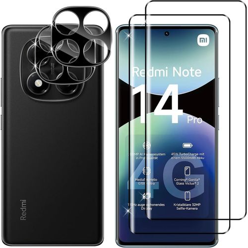 KAL-Pour Xiaomi Redmi Note 14 Pro 4G Verre Trempé + Caméra Arrière Protecteur, [2 + 2 Pièces], 3D Couverture Complète Protection Écran, Sans Bulles Vitre Trempé, Anti-Rayures Protecteurs D'Écran
