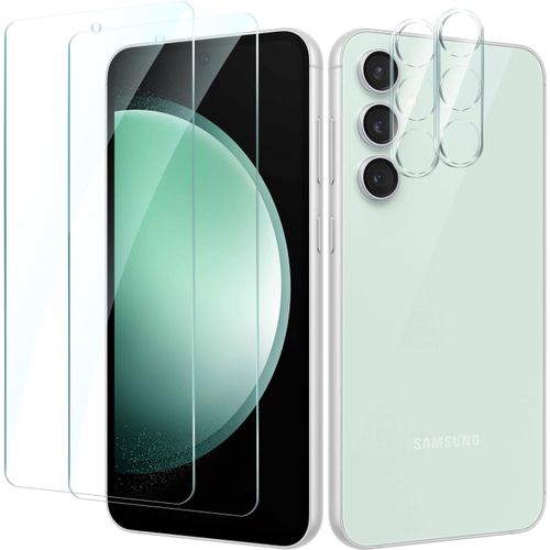 2 Pièces Protection Écran Verre Trempé Pour Samsung Galaxy S23 Fe Avec 2 Pièces Protecteur D'objectif De Camera Arrière, Vitre Protection Film Dureté 9h Glass, Sans Bulles, Anti Rayures