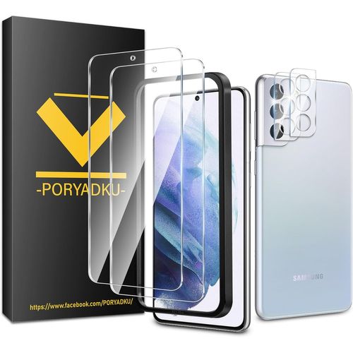2 Pièces Verre Trempé Pour Samsung Galaxy S21 Plus/S21+, Et 2 Protections D'objectif Et 1 Cadre D'installation, Déverrouillage Par Empreinte Digitale, Dureté 9h, Sans Bulles, 3d-Coverage, Hd Verre
