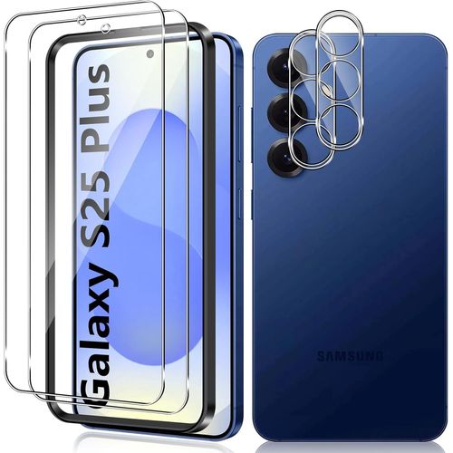 CAUC-Verre Trempé pour Samsung Galaxy S25 Plus, 2+2 Pièces Protection D'écran Film et Caméra Arrière Protecteur Avec Outils d'installation, 9H Dureté Haute Définition Sans Bulles