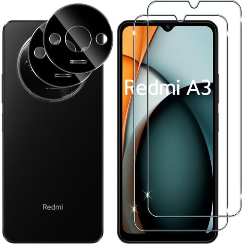 CAUC-pour Xiaomi Redmi A3/ Redmi A3X Verre Trempé, 2+2 Pièces Protection écran + Caméra Arrière Protecteur Film (Noire), 9H Dureté HD sans Bulles Anti-Rayures Protecteurs d'écran