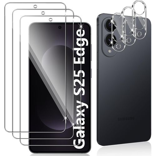 CAUC-3 Pièces Verre Trempé pour Samsung Galaxy S25 Edge, 3 Pièces Caméra Arrière Protecteur,9H Dureté/Anti-Rayures/Sans Bulles/Ultra Résistant,Protection écran